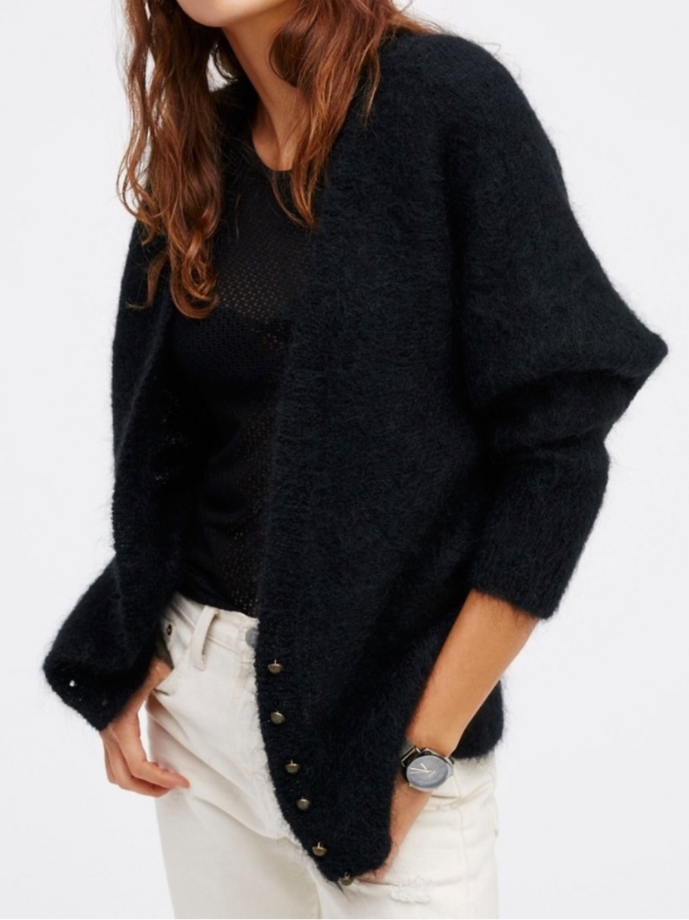 FREE PEOPLE Little Lies Fuzzy Cozy Mohair Blend Cardigan in Black Sz. Large